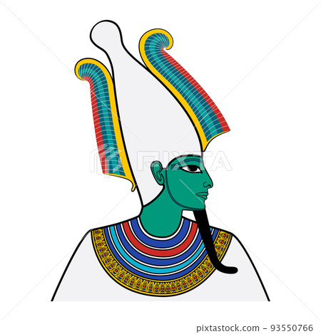 Osiris, portrait of the god of afterlife, dead and resurrection in ancient Egypt. Depicted with greenish turquoise skin, pharaoh beard and atef crown, a combination of the Hedjet and ostrich feathers. Osiris, portrait of the god of afterlife, dead and resurrection in ancient Egypt. Depicted with greenish turquoise skin, pharaoh beard and atef crown, a combination of the Hedjet and ostrich feathers. 93550766
