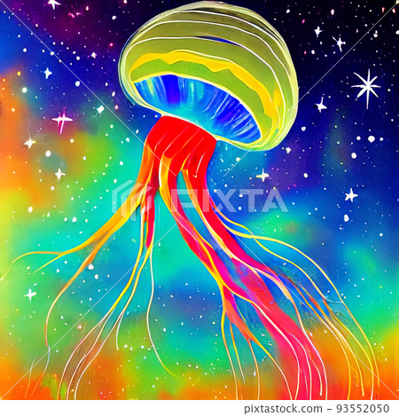 A colorful bright jellyfish swims with lengths of tentacles in a multi-colored nebula and stars in outer space. AI generated image, not based on any actual scene 93552050
