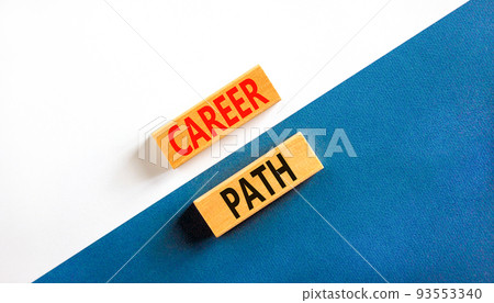 Career path symbol. Concept words Career path on wooden blocks on a beautiful white and blue background. Business Career path concept. Copy space. 93553340