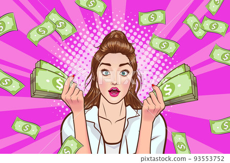 surprise business woman successful and shocking with Falling Money say WOW OMG Pop art retro comic style 93553752