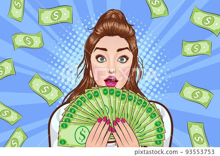 surprise business woman successful and shocking with Falling Money say WOW OMG Pop art retro comic style 93553753
