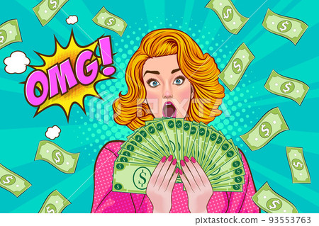 surprise business woman successful and shocking with Falling Money say WOW OMG Pop art retro comic style 93553763