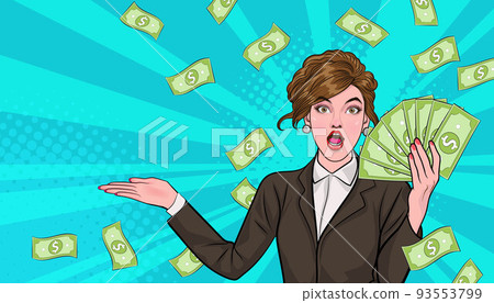 surprise business woman successful and shocking with Falling Money say WOW OMG Pop art retro comic style 93553799
