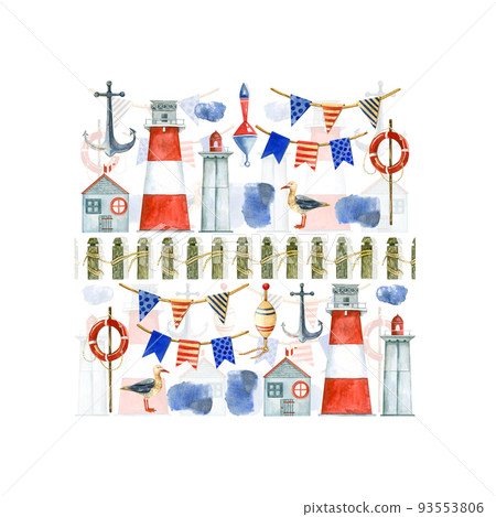 Square composition of watercolor elements - a lighthouse, colored flags, a lifebuoy, a seagull and shells hand-painted in watercolor on a white background. Square composition of watercolor elements - a lighthouse, colored flags, a lifebuoy, a seagull and shells hand-painted in watercolor on a white background. 93553806