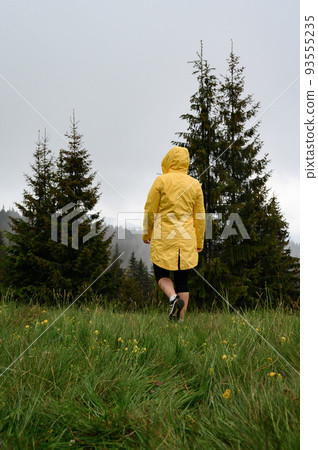 A girl in a yellow jacket walks in the meadow after the rain, a walk and rest in the mountains. 93555235