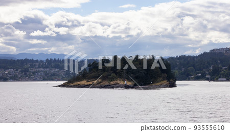 Islands with Trees and Lighthouse surrounded by Homes on a Cloudy Day. 93555610