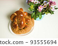 a variety of bakery on wooden plate 93555694