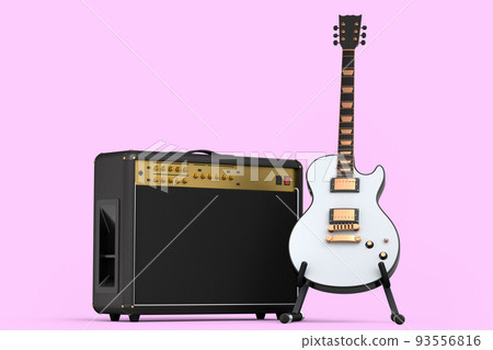 Classical amplifier with acoustic guitar on stand isolated on pink background. 93556816