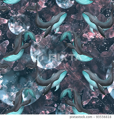 Blue whales on the background of the moon, and outer space. Watercolor illustration. Seamless pattern from a large set of WHALES. For fabric, textiles, wallpaper, prints, packaging paper, clothing 93556818