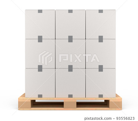 Set of wooden pallet for warehouse cargo storage with cardboard boxes on white 93556823