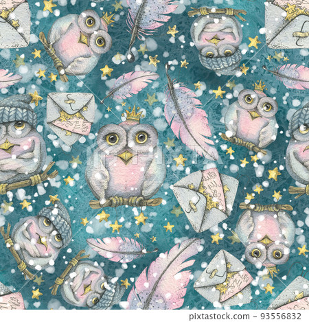 Magic owls, letters, envelopes and feathers. Winter, New Year, Christmas pattern. Watercolor illustration. For fabric, textiles, packaging paper, covers clothing wallpaperwebsites children's. Magic owls, letters, envelopes and feathers. Winter, New Year, Christmas pattern. Watercolor illustration. For fabric, textiles, packaging paper, covers clothing wallpaperwebsites children's. 93556832