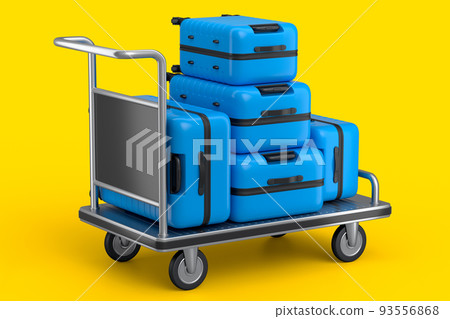 Regular suitcase on hotel trolley cart for carrying baggage on yellow background Regular suitcase on hotel trolley cart for carrying baggage on yellow background 93556868