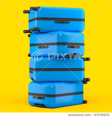Stack of polycarbonate suitcases isolated on yellow background 93556870