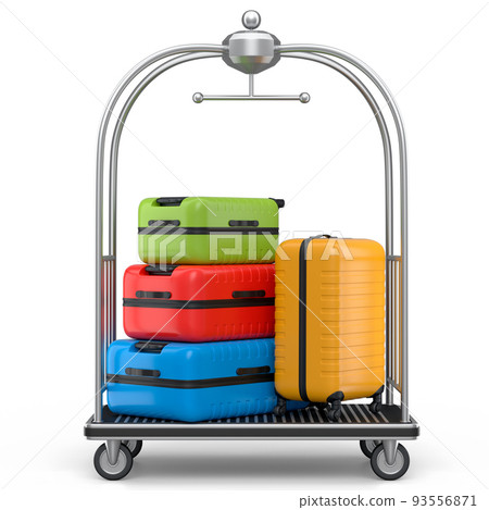 Regular suitcase on hotel trolley cart for carrying baggage on white background Regular suitcase on hotel trolley cart for carrying baggage on white background 93556871