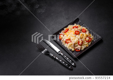 Homemade chinese fried rice with vegetables and a chicken 93557214