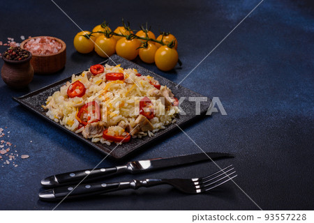 Homemade chinese fried rice with vegetables and a chicken Homemade chinese fried rice with vegetables and a chicken 93557228