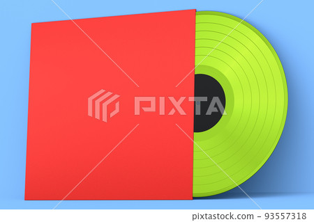 Black vinyl LP record with cover isolated on blue background. 93557318