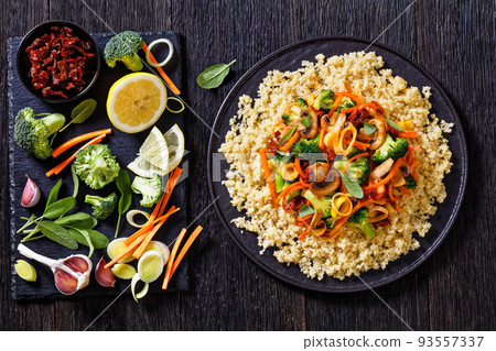 quinoa with fried veggies, mushrooms on plate quinoa with fried veggies, mushrooms on plate 93557337