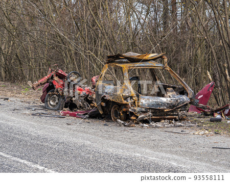 Road traffic accident of a car with fire. Road traffic accident of a car with fire. 93558111
