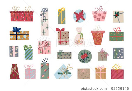 Christmas gift boxes set with ribbons and bows vector illustration, Merry Christmas and Happy New Year festive traditional winter holiday decor, design element for poster, greeting card, sticker 93559146