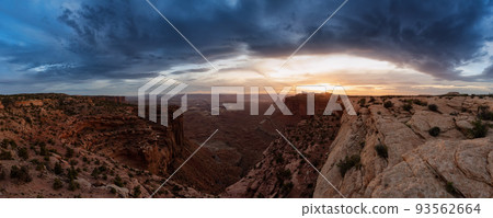 Scenic Panoramic View of American Landscape and Red Rock Mountains in Desert Canyon. Scenic Panoramic View of American Landscape and Red Rock Mountains in Desert Canyon. 93562664