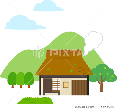 Smoke-exhausting thatched-roof house and mountain scenery Smoke-exhausting thatched-roof house and mountain scenery 93563989