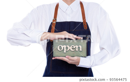 Owner person hold Open Sign Business to show service at door entrance store, cafe, retail and welcome shop. Happy Entrepreneur female wear waitress dress as open business time again concept Owner person hold Open Sign Business to show service at door entrance store, cafe, retail and welcome shop. Happy Entrepreneur female wear waitress dress as open business time again concept 93564475