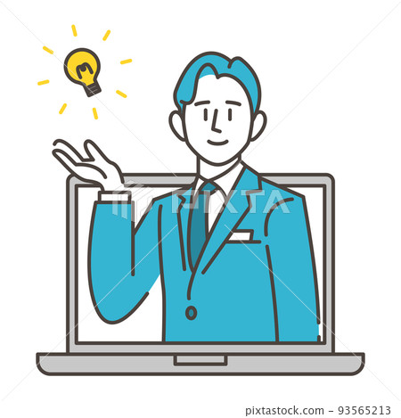 一個微笑的男性商務人士跳出個人電腦[在線諮詢的概念] 93565213