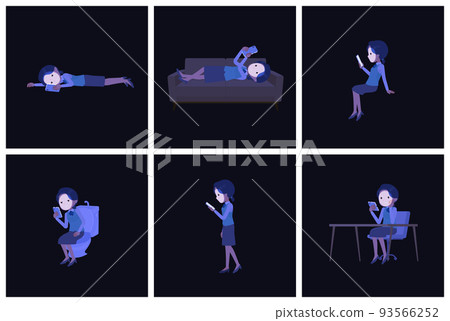 A set of clerk women who use smartphones in the dark A set of clerk women who use smartphones in the dark 93566252