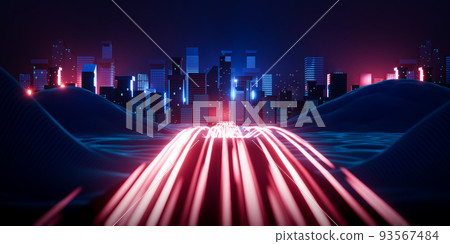 3d rendering night cityscape with light trail and wireframe hill. Abstract technology background illustration. 3d rendering night cityscape with light trail and wireframe hill. Abstract technology background illustration. 93567484