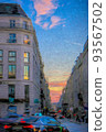 Paris urban street scene at sunset. Painterly look oil and pastels. Vivid blue sky over Haussmann building architecture. Busy evening street scene with traffic. High quality illustration 93567502