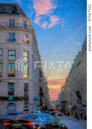 Paris urban street scene at sunset. Painterly look oil and pastels. Vivid blue sky over Haussmann building architecture. Busy evening street scene with traffic. High quality illustration 93567502