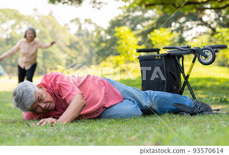 Asian senior man falling down from wheelchair on lying floor after trying push the wheelchair forward and Crying in pain and asking someone for help. Concept of old elderly insurance and health care Asian senior man falling down from wheelchair on lying floor after trying push the wheelchair forward and Crying in pain and asking someone for help. Concept of old elderly insurance and health care 93570614