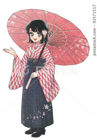 大正浪漫少女漫畫/打著日本雨傘的時尚女學生 93571517