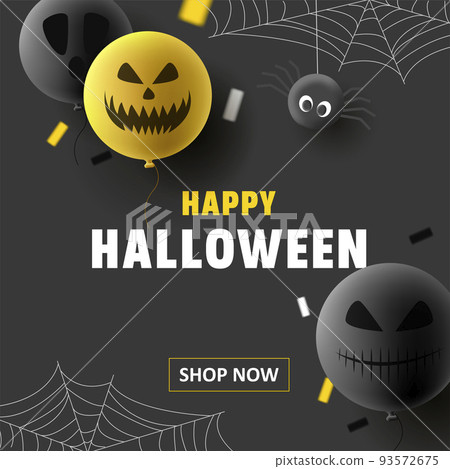 Halloween card with 3d balloons with scary faces and spiders 93572675