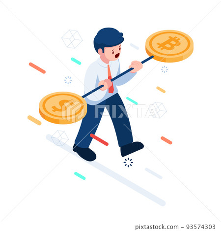 Isometric Businessman Trying to Balance Dollar and Bitcoin 93574303