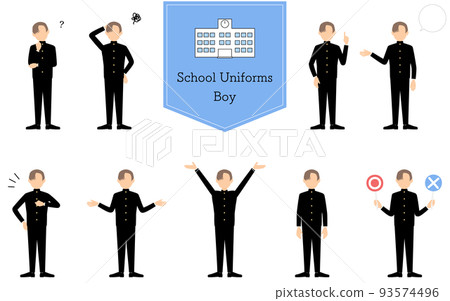 一個穿著校服、提問、尷尬、指點、說話等的男學生的姿勢集。 一個穿著校服、提問、尷尬、指點、說話等的男學生的姿勢集。 93574496