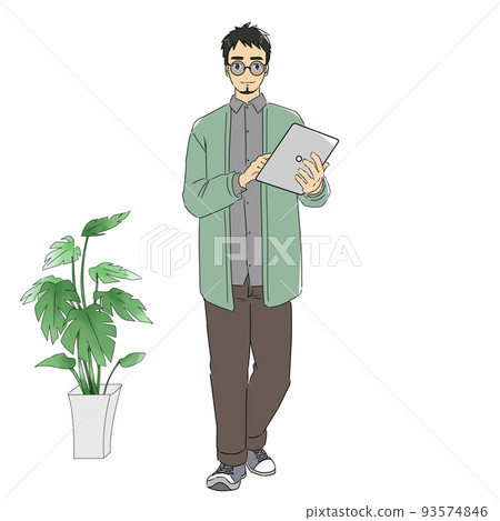 一個微笑著操作平板電腦的男人有觀葉植物 一個微笑著操作平板電腦的男人有觀葉植物 93574846