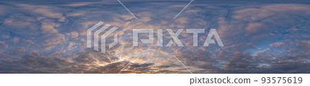 Golden sunset sky panorama Seamless spherical equirectangular 360-degree view with beautiful Stratocumulus clouds, setting sun - for use in 3D graphics as a sky dome or post-processing of drone images Golden sunset sky panorama Seamless spherical equirectangular 360-degree view with beautiful Stratocumulus clouds, setting sun - for use in 3D graphics as a sky dome or post-processing of drone images 93575619
