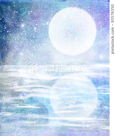 Full moon reflected on the surface of the water, starry sky scenery at full moon night, waterside scenery background material, landscape painting with the image of light and water, landscape painting with full moon 93576350