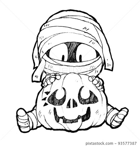 Monochrome line art illustration for Halloween of a mummy boy holding a pumpkin 93577387