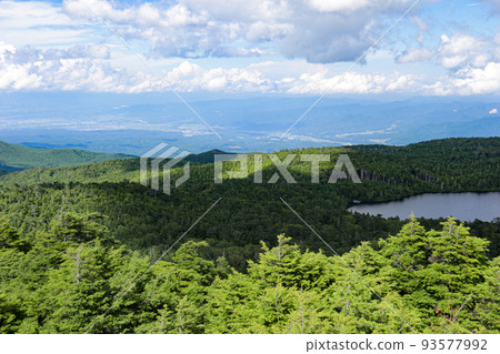 North Yatsugatake in summer, view from the summit of Takamiishi, overlooking Shirakoma Pond 93577992