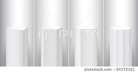 White podium stand, 3d pedestal with spotlight, product platform with studio light. Square base for presentation background, pillar box stage, column block different shapes. Vector elements White podium stand, 3d pedestal with spotlight, product platform with studio light. Square base for presentation background, pillar box stage, column block different shapes. Vector elements 93578161