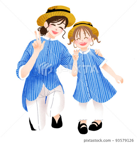 A parent and child who did a link coordination with a blue striped shirt and a straw hat 93579126
