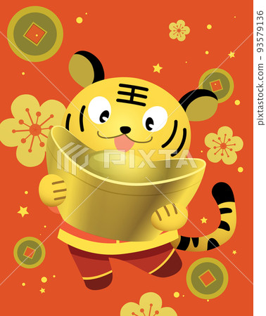 Cute chinese zodiac tiger holding gold sycee with lucky coins Cute chinese zodiac tiger holding gold sycee with lucky coins 93579136