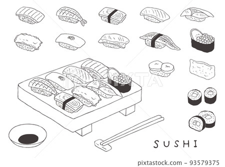 Hand-drawn sushi illustration set with sushi clogs (monochrome) Hand-drawn sushi illustration set with sushi clogs (monochrome) 93579375