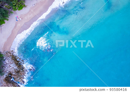 Top view aerial photo from flying drone of amazing beautiful sea beach landscape with turquoise water, Copy space for your advertising text message or promotional content,Travel and tour background Top view aerial photo from flying drone of amazing beautiful sea beach landscape with turquoise water, Copy space for your advertising text message or promotional content,Travel and tour background 93580416