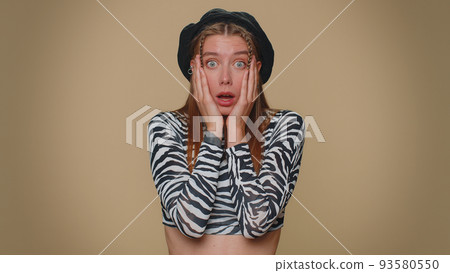 Depressed woman terrified of danger problems, suffering phobia, anxiety disorder, fear, stress panic 93580550