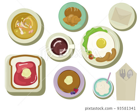 Fried egg, soup, bread, coffee, juice, and wiener breakfast illustration set Fried egg, soup, bread, coffee, juice, and wiener breakfast illustration set 93581341