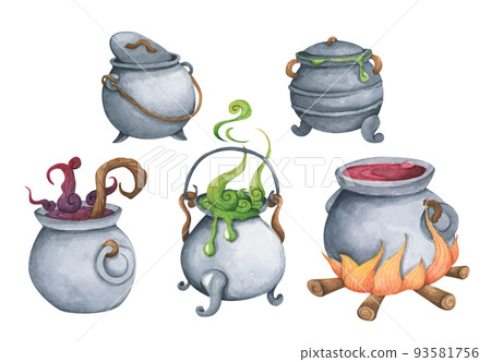 Set of Witch Cauldron, Steel black cauldron with boiling magic potion. Watercolor illustration for Halloween. Set of Witch Cauldron, Steel black cauldron with boiling magic potion. Watercolor illustration for Halloween. 93581756
